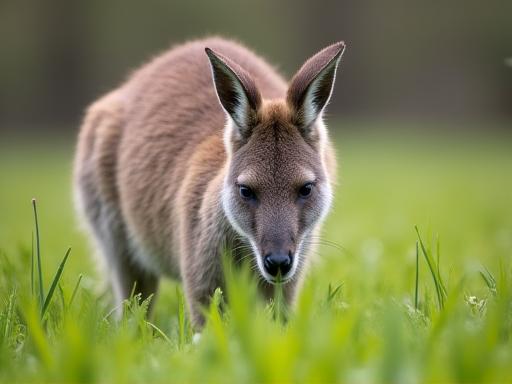 A quiet wallaby grazing peacefully in a lush green field.