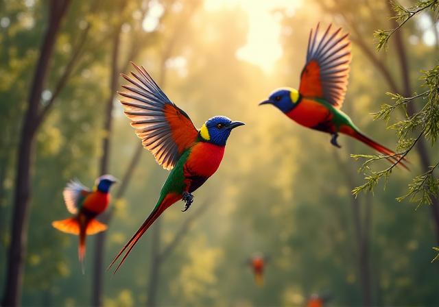 A flock of colorful Australian birds in flight